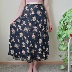 Express Floral Midi Skirt - Black and Pink